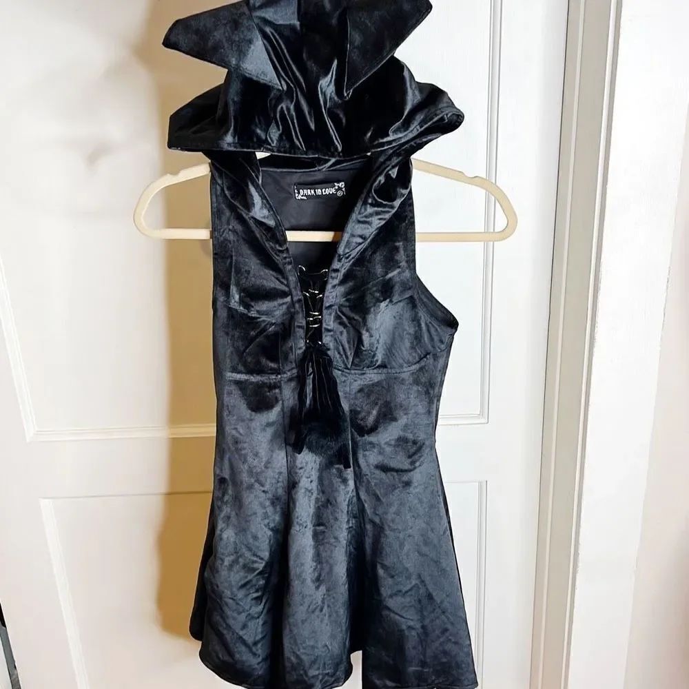 Dolls Kill Dark In Love Cat Ear Hooded Dress Black Velour Size XS New